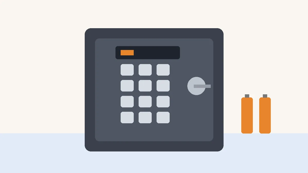 Ilustración de una caja fuerte electrónica con teclado y dos pilas al lado